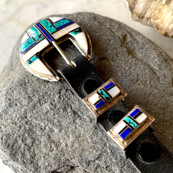 Vintage Navajo Native American Inlaid Ranger Belt Buckle Set